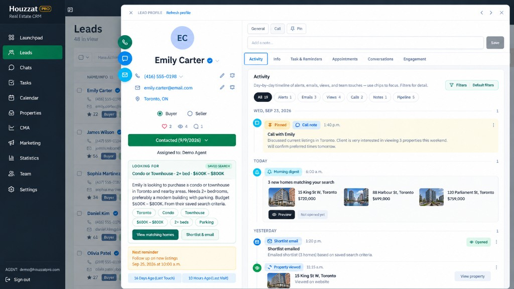HouzzatPRO lead profile and activity timeline