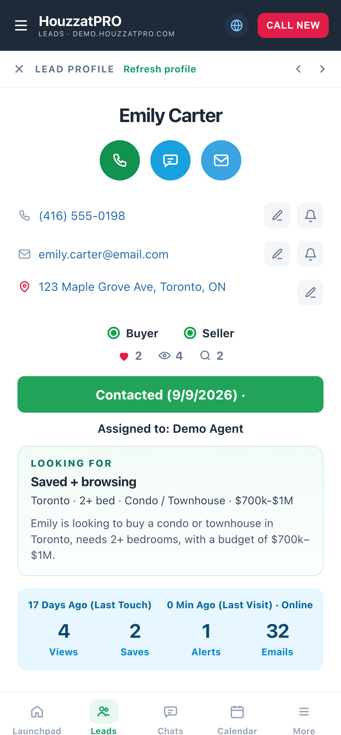 HouzzatPRO mobile lead profile for Emily Carter